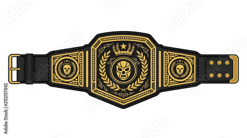 Gold and black wrestling championship belt vector illustration featuring Lucha Libre masks, laurel wreaths, stars, and crown on a black leather strap isolated on white background.