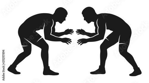 Black silhouette of two male wrestlers in a crouching neutral stance facing each other on a white background. Stylized flat vector design illustrating professional grappling or MMA combat preparation.