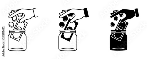 Money Saving Icons, Hand Depositing Coins and Bills into Jar, Financial Growth Concepts, Vector Graphics
