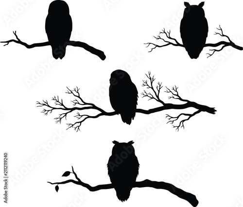 Owl Silhouette on Tree Branch Collection PNG Isolated on Transparent Background