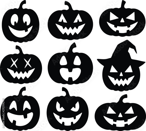 Halloween Pumpkin Faces Silhouette Icon Set PNG Isolated on Transparent Background