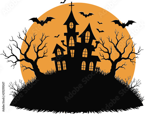 Halloween Haunted House Silhouette with Full Moon PNG Isolated on Transparent Background