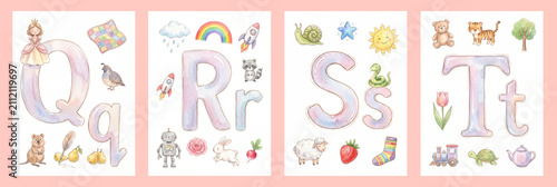Watercolor Alphabet Letters Q R S T Poster Set with Cute Animals and Objects for Nursery Decor
