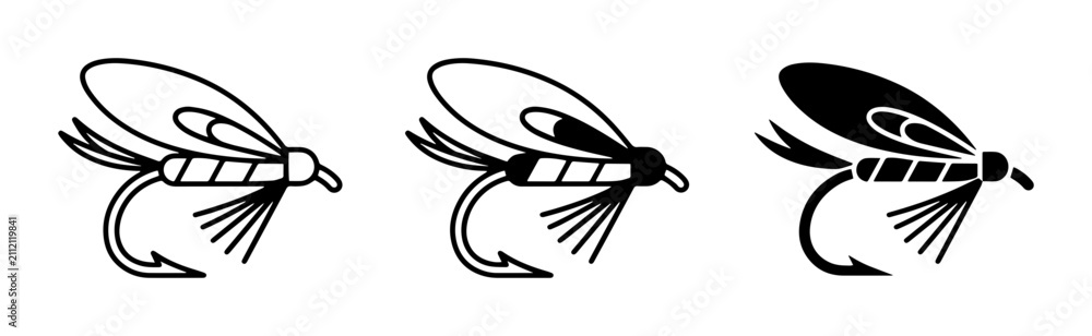 Obraz premium Fly Fishing Lures, Insect Baits, Vector Icons Set, Fishing Tackle Graphics