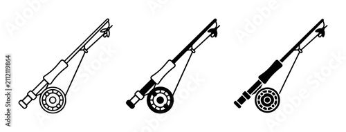 Bild auf Leinwand Fishing Rod and Reel Icons, Fly Fishing Gear Set, Outdoor Sport Equipment Vector