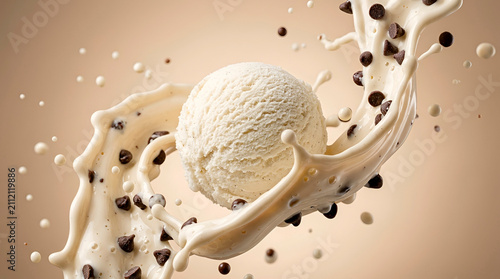 Appetizing scoop of ice cream with chocolate crumbs floating center frame, surrounded by dynamic flow of thick caramel glaze splashing on warm pastel background.