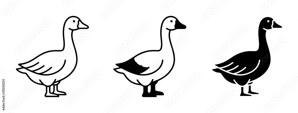 Obraz premium Goose Icons Set, Vector Illustrations of Birds in Outline, Silhouette, and Filled Styles