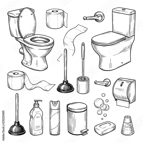 Set of hand drawn toilet and bathroom accessory sketch, porcelain toilet with paper and plunger isolated on white