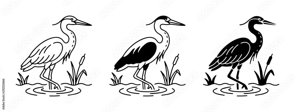 Fototapeta premium Heron Icon Set, Bird Silhouette Collection, Wildlife Graphics, Nature Elements, Simple Line Art, Black and White Icons