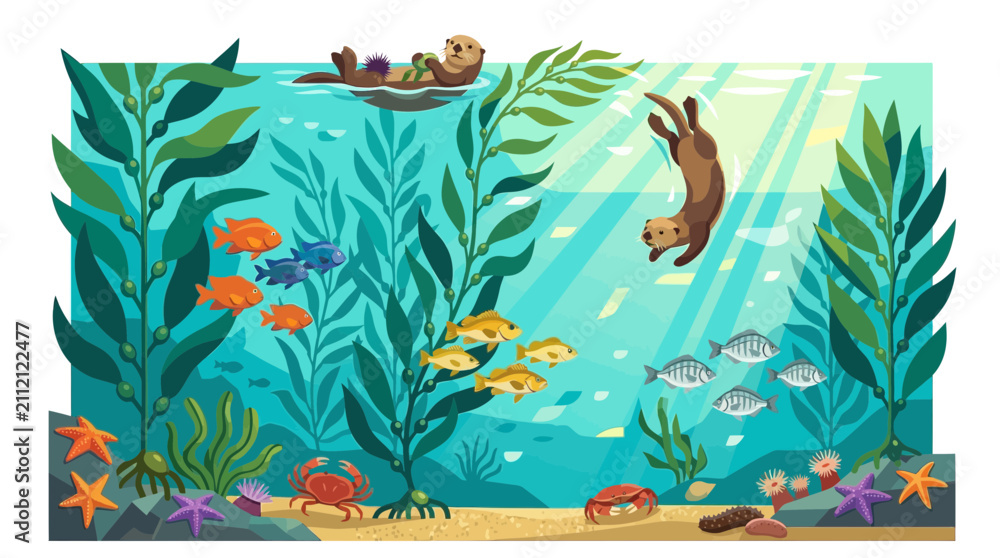 Obraz premium Underwater otter family plays in kelp forest with colorful fish and starfish