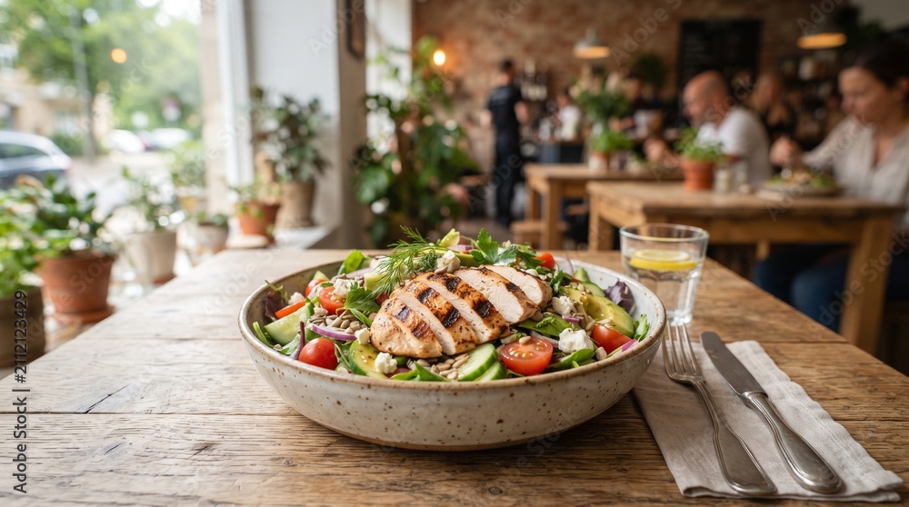 Obraz premium Grilled Chicken Salad in Modern Cafe