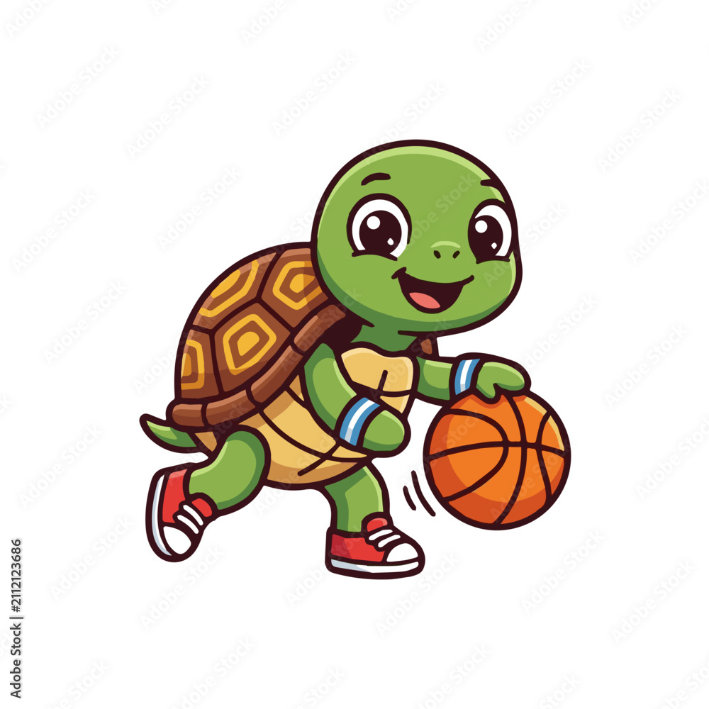 Obraz premium Cute cartoon turtle playing basketball with a ball, vector illustration of a happy animal athlete character wearing sneakers on white background