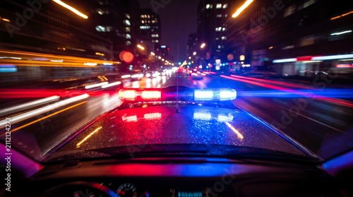 A sleek police cruiser features bright flashing red and blue emergency lights mounted on top during a dark rainy night
