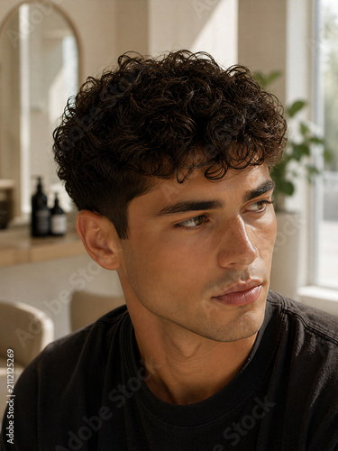 Man with curly hair looking thoughtfully to the side in a modern interior