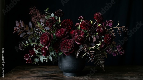 Moody floral arrangement with dark red roses in a black ceramic vase