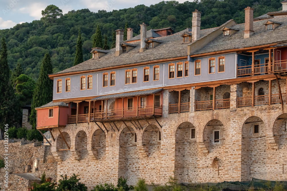 Fototapeta premium Fortified Xenophontos Monastery in the monastic state of Mount Athos, Greece
