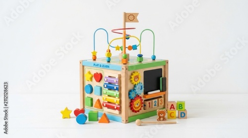 A colorful wooden activity cube with various shapes and objects, including beads, blocks, and a chalkboard, placed on a white table with a few scattered toys around.