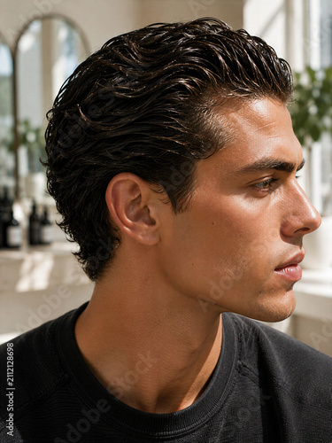 Profile view of a young man with styled hair in a bright indoor setting