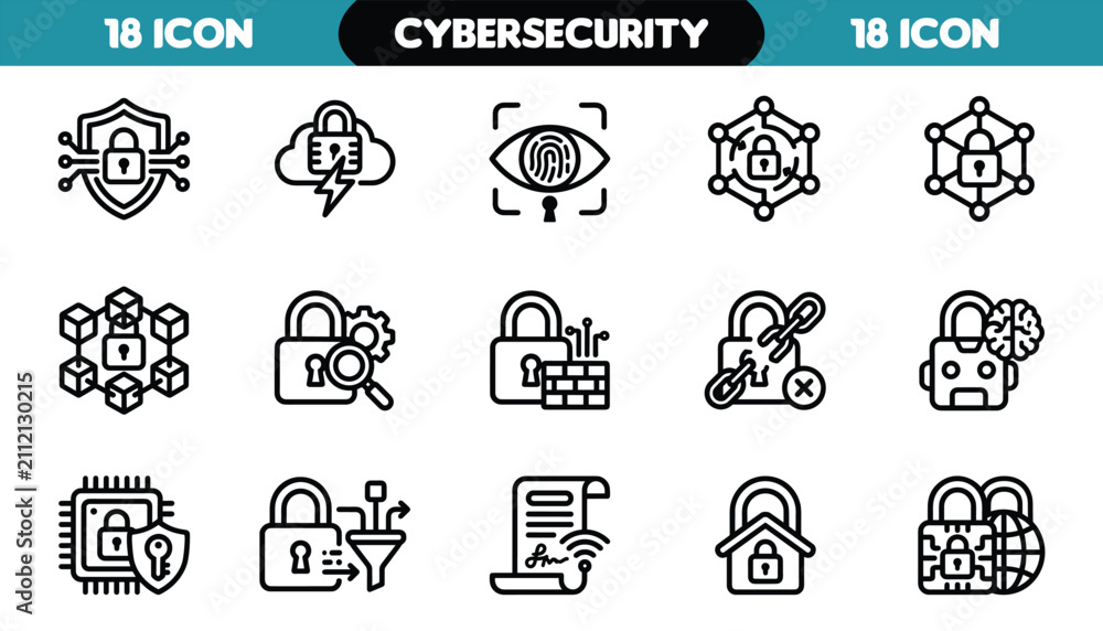 Fototapeta premium Cybersecurity vector icons in a clean design for digital protection concepts during data security