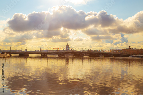 St Isaac's Cathedral, the Neva River and the Annunciation Bridge at dawn.