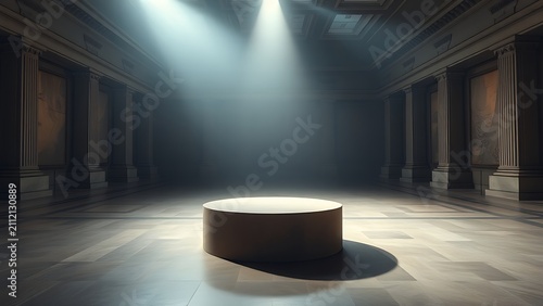 Empty minimalist stone plinth in a vast museum gallery under a spotlight.