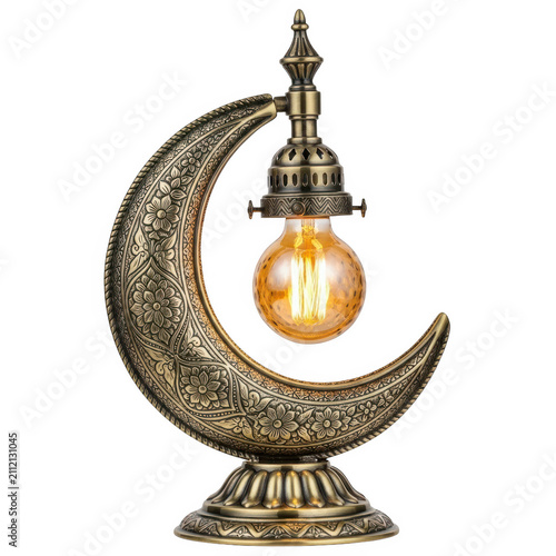Antique brass crescent moon lamp with light bulb