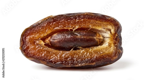 Half of a date fruit with a brown and tan skin, showing the inner seed, on a white background with a shadow.