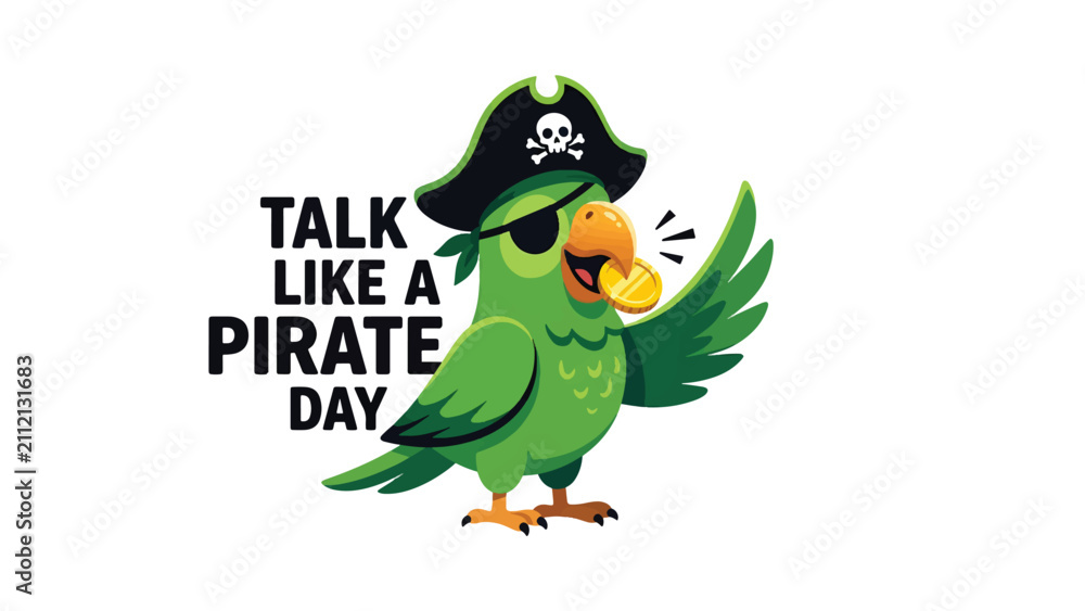 Obraz premium Parrot Pirate Cartoon Character Holding Gold Coin for Talk Like Pirate Day