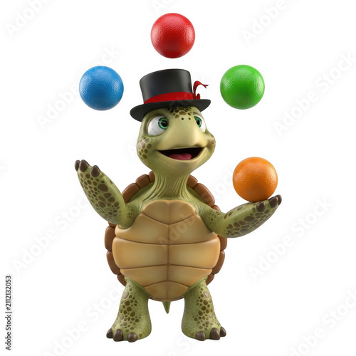 Cartoon turtle juggling colorful balls