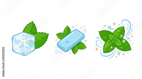 Fresh mint leaves with ice cube and chewing gum pieces depicted in vector art on white background