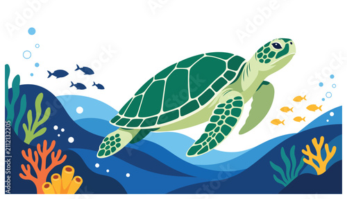 Illustrated green sea turtle swimming in water.