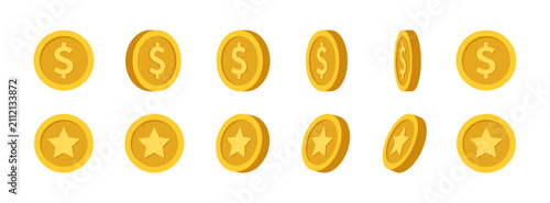 Set of gold coins with dollar signs and stars isolated on white background, currency