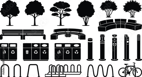 Black silhouette icons of urban park furniture, trees, waste bins, and bicycle racks