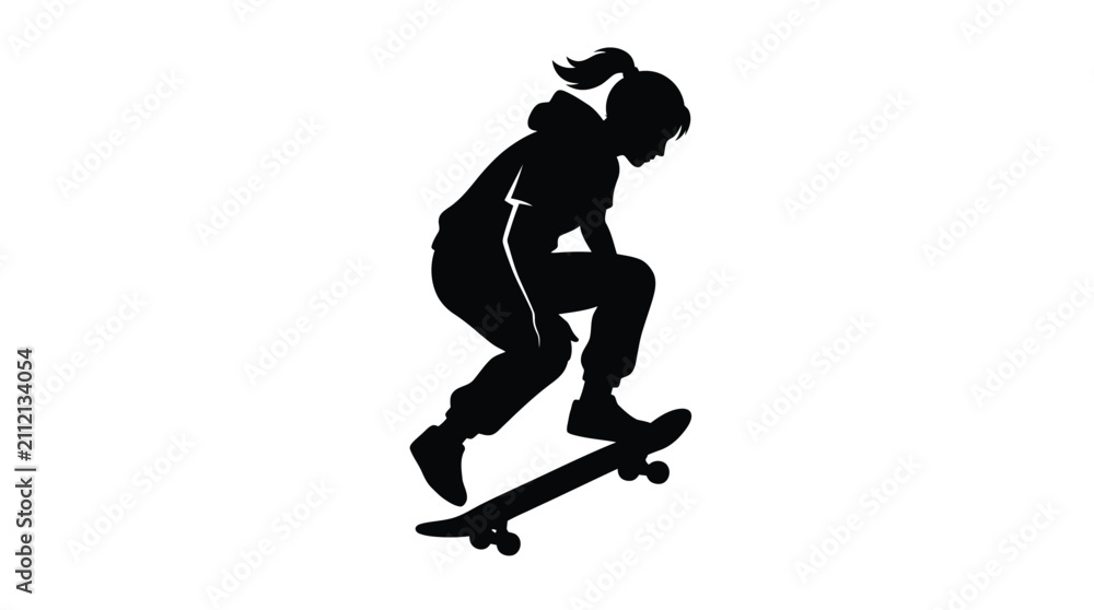 Fototapeta premium Dynamic vector graphic illustration featuring a cool young girl performing an impressive skateboard jump stunt showing athletic energy and urban street style in crisp black silhouette