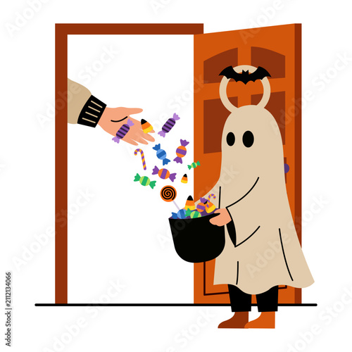 Hand giving candies from house door to child in sheet ghost costume for halloween in flat vector style