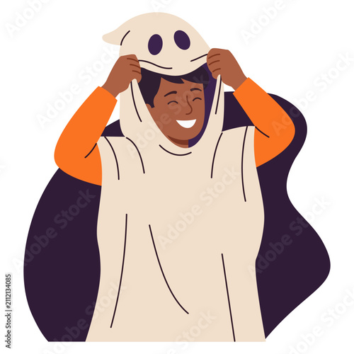 Man putting on white ghost costume in front of mirror for halloween party in flat cartoon vector style