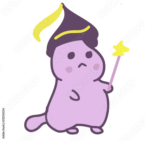 Purple creature with wizard hat and star wand. Looks slightly sad or thoughtful. Simple, cute design with soft outlines. Perfect for children's stories or magical themes