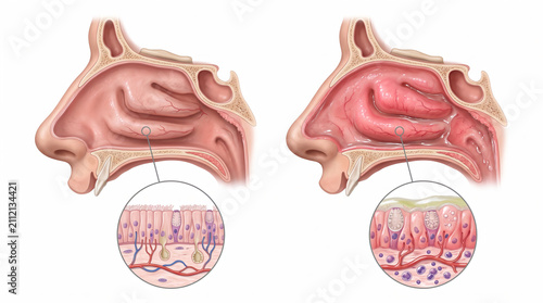 Comparison of a Healthy Nasal Cavity with Inflammation Due to Allergic Rhinitis, Showing Tissue Detail