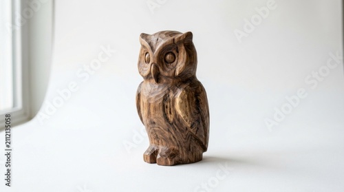 A wooden owl sculpture with a natural wood finish, sitting on a white surface with a window in the background.