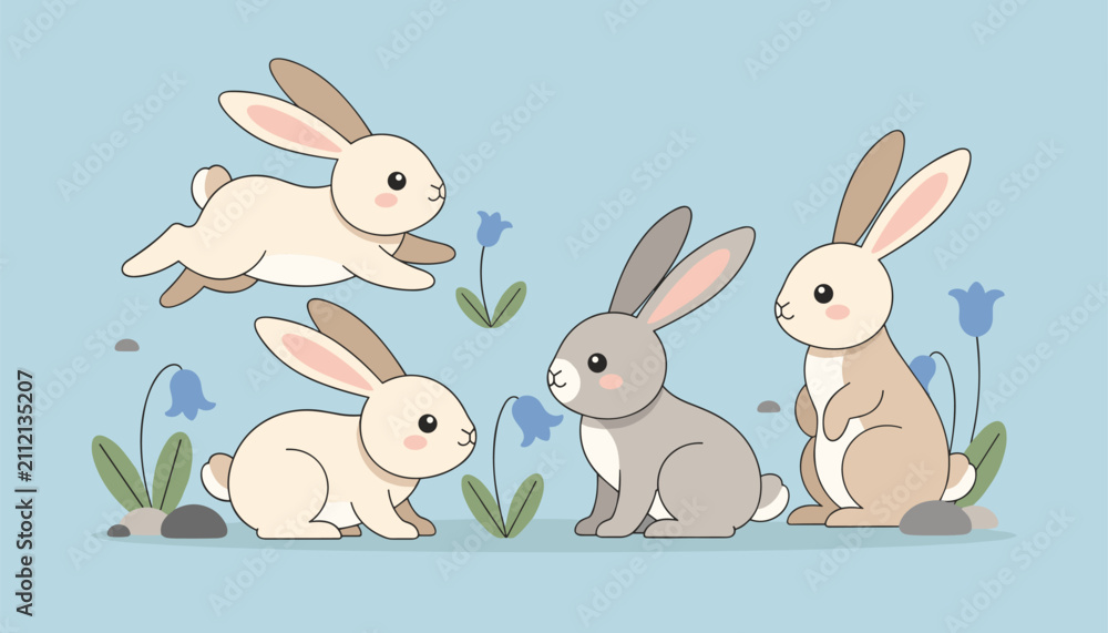 Fototapeta premium Four cute rabbits in various poses playing around bluebell flowers and small rocks on a light blue background.