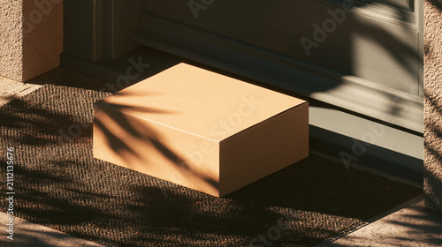 Cardboard parcel on a doormat outside a door