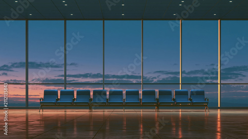 Empty airport departure lounge at sunrise