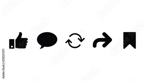 Social media engagement icons set, like comment repost share save symbols, silhouette vector, digital marketing, social network, communication, user interaction

