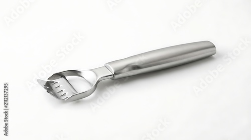 Stainless steel apple corer with ergonomic handle on white background.