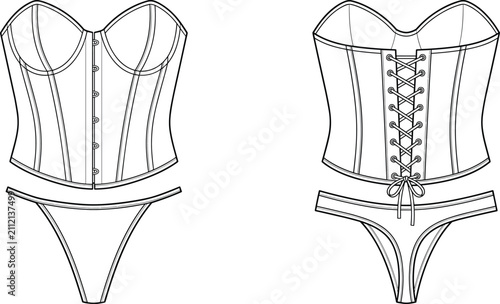 Obraz na płótnie Women corset top lingerie set technical flat sketch vector illustration with tho