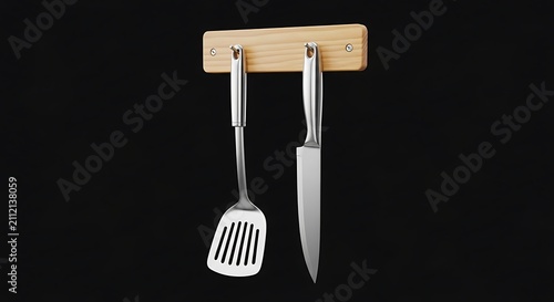 Stainless Steel Knife and Spatula on Wood Wall Rack