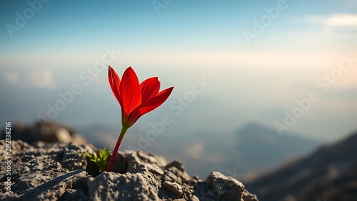 A single vibrant red flower blooming from a crack in a rocky outcrop.
