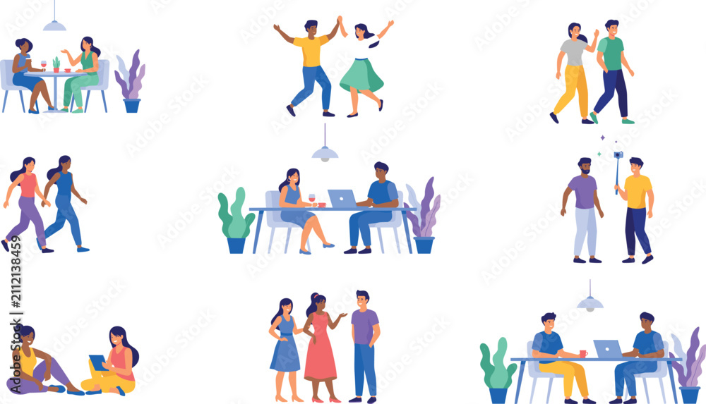 Fototapeta premium Diverse young people social lifestyle vector character set showing friends dining working dancing walking and talking flat cartoon illustrations