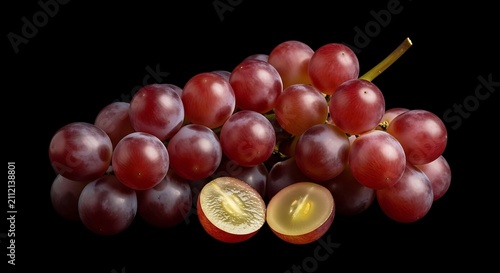 Fresh Red Grapes on Black Background with Sliced Fruit