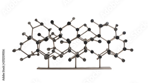 Abstract metallic molecule structure sculpture with atoms and bonds representing chemistry science and technology concept isolated on white background